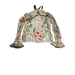 ALEXIS Size XS Kylie Embroidered Ruffle Mesh Blouse Cold Shoulder Ivory Top